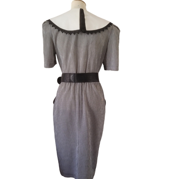 80's Leslie Fay Collection Black and White Check Hankerchief‎ Collar Midi Dress - Picture 5 of 7